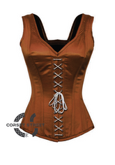 Brown Satin Shoulder Straps White Lace Opening Gothic Burlesque Bustier Waist Training Overbust Corset Costume